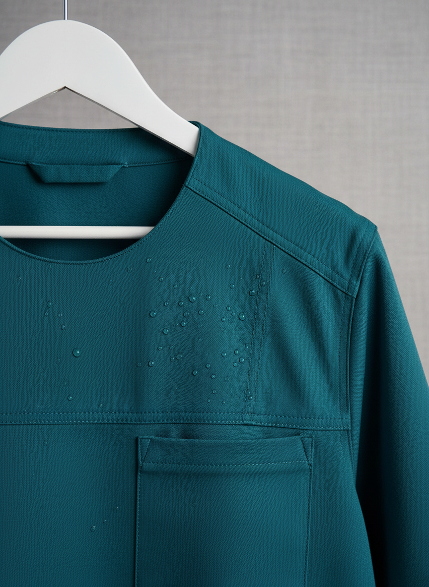 Close-up photographic view of an antifluid rigid fabric uniform top hanging on a matte white hanger against a neutral, softly textured backdrop. Tiny water droplets bead perfectly on the fabric surface, clearly not being absorbed, highlighting the protective material. The fabric is a deep teal with precise, reinforced seams and a discreet, modern chest pocket. Soft, diffused studio lighting from the left creates gentle highlights on the droplets and subtle shadows along the stitching. The mood is technical yet inviting, emphasizing quality and performance. Shot with a shallow depth of field, the front panel and droplets are in crisp focus while the background falls into a smooth bokeh. The style is clean, professional photographic realism ideal for showcasing material innovation.