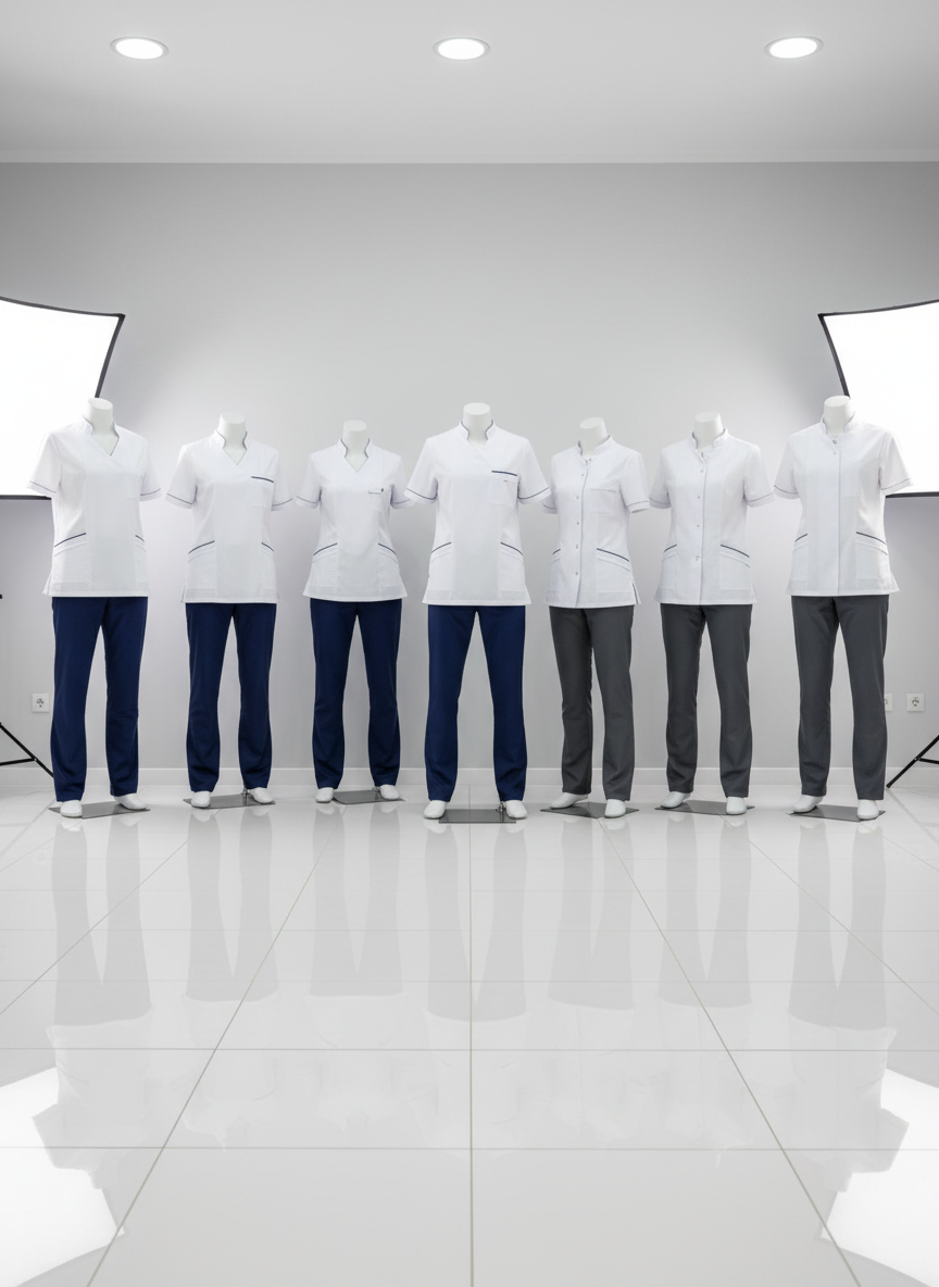 A neatly arranged set of professional medical and corporate uniforms displayed on invisible mannequins, emphasizing clean lines and modern design. Crisp white antifluid rigid fabric tops with subtle stitching, paired with navy and charcoal straight-cut pants in slightly stretchy licra, show varied necklines and pocket configurations. The uniforms stand in a bright, minimalist showroom with light grey walls and a glossy white floor, reflecting soft studio lighting from above and the side. The atmosphere feels professional and hygienic, with a calm, ordered layout. Shot at eye level with sharp focus throughout, the composition uses the rule of thirds to highlight different garment types. Photographic realism with a clean, modern aesthetic underscores durability, comfort, and style.