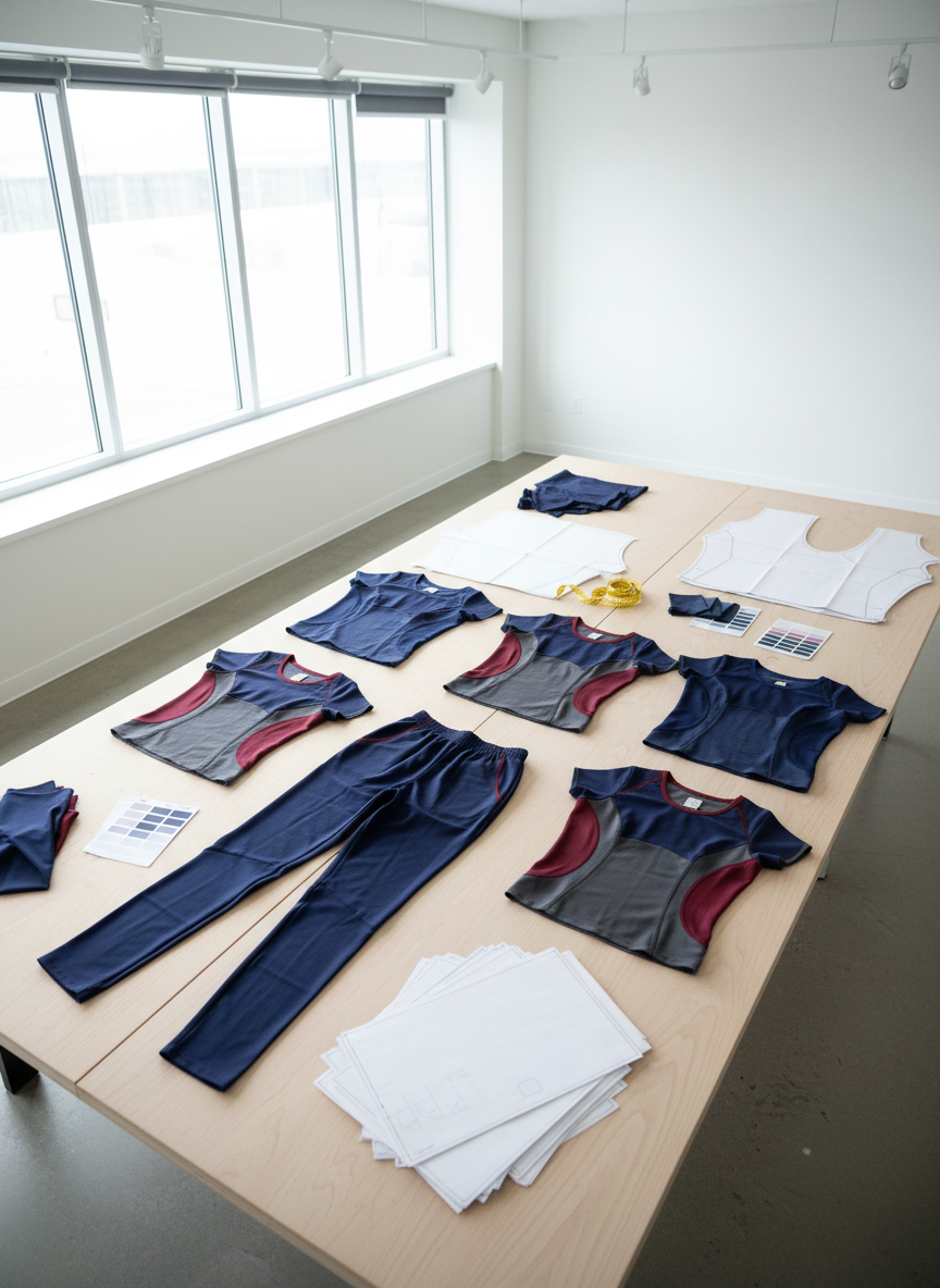 A full coordinated set of stretch licra uniforms laid flat on a wide, light wood worktable in a design studio environment. There are fitted tops with princess seams, tapered pants with elastic waistbands, and color-blocked details in navy, graphite, and wine. Around them lie fabric swatches, color cards, measuring tape, and neatly arranged pattern papers. Large windows to the side let in soft natural daylight, complemented by subtle overhead studio lamps, creating an even, bright illumination with delicate shadows under the garments. Shot from a slightly elevated angle, the composition highlights the ergonomic cuts and flexible textures. The mood is creative and professional, suggesting thoughtful design and modern aesthetics in a realistic photographic style.