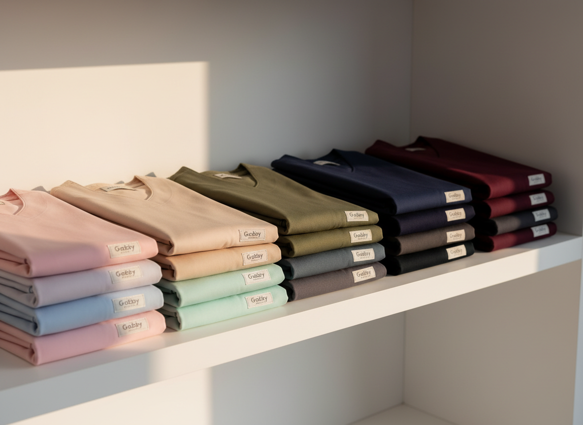 A carefully styled product showcase of folded uniform sets stacked on a sleek, matte white display shelf. Each stack pairs an antifluid rigid top with a matching licra pant, arranged by color from light pastels to deep professional tones like navy, graphite, and burgundy. A small, elegant label with the Gabby Uniformes logo is visible on each garment’s hem. Soft, warm studio lighting from the right creates gentle gradients on the fabrics, highlighting their different textures—smooth, slightly rigid tops and more flexible, draping bottoms. The background remains minimal and out of focus. Shot at a slight angle with medium depth of field, the mood is refined, orderly, and trustworthy, evoking a premium but practical brand image in realistic photographic style.