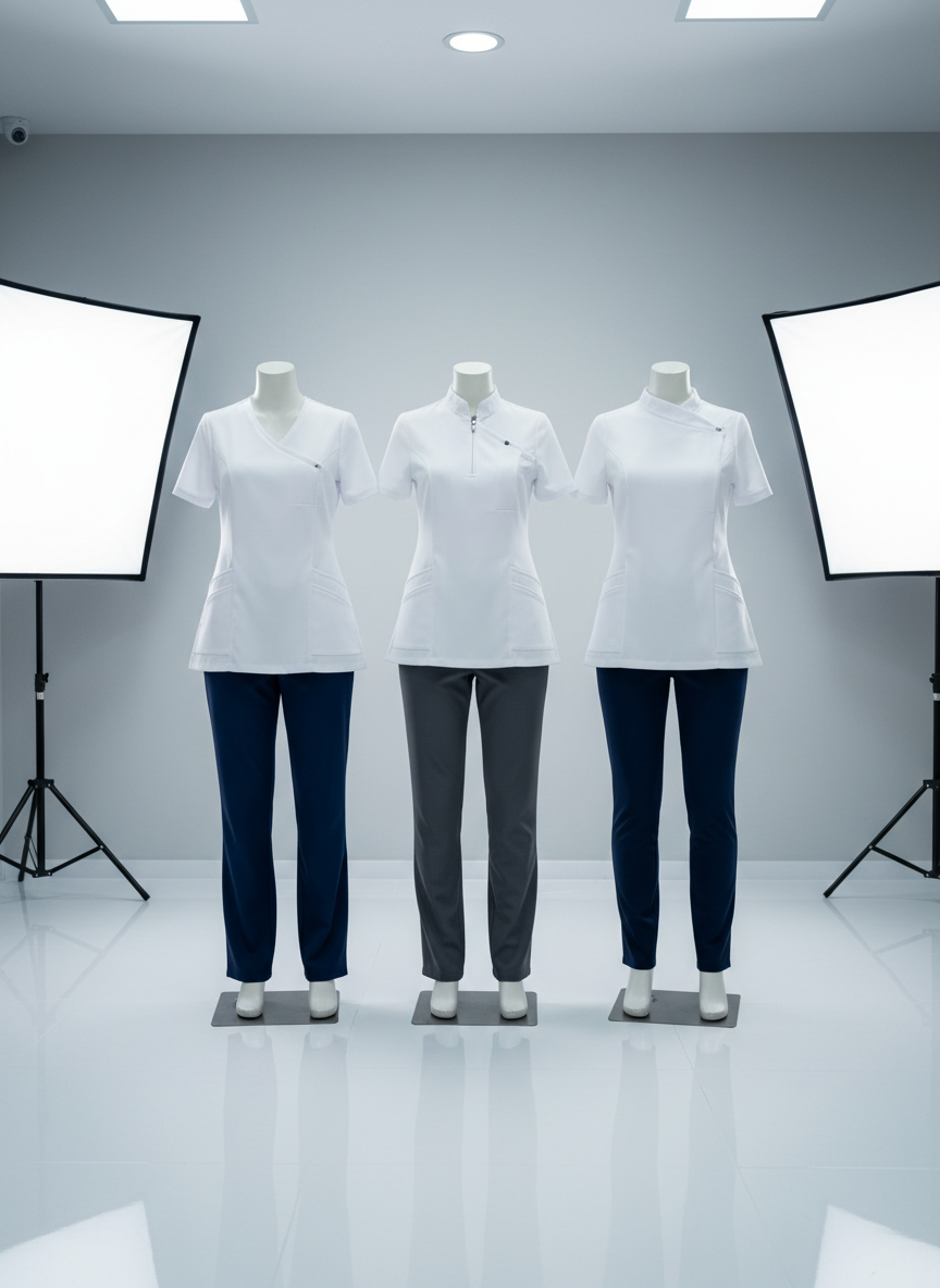A neatly arranged set of professional medical and corporate uniforms displayed on invisible mannequins, emphasizing clean lines and modern design. Crisp white antifluid rigid fabric tops with subtle stitching, paired with navy and charcoal straight-cut pants in slightly stretchy licra, show varied necklines and pocket configurations. The uniforms stand in a bright, minimalist showroom with light grey walls and a glossy white floor, reflecting soft studio lighting from above and the side. The atmosphere feels professional and hygienic, with a calm, ordered layout. Shot at eye level with sharp focus throughout, the composition uses the rule of thirds to highlight different garment types. Photographic realism with a clean, modern aesthetic underscores durability, comfort, and style.