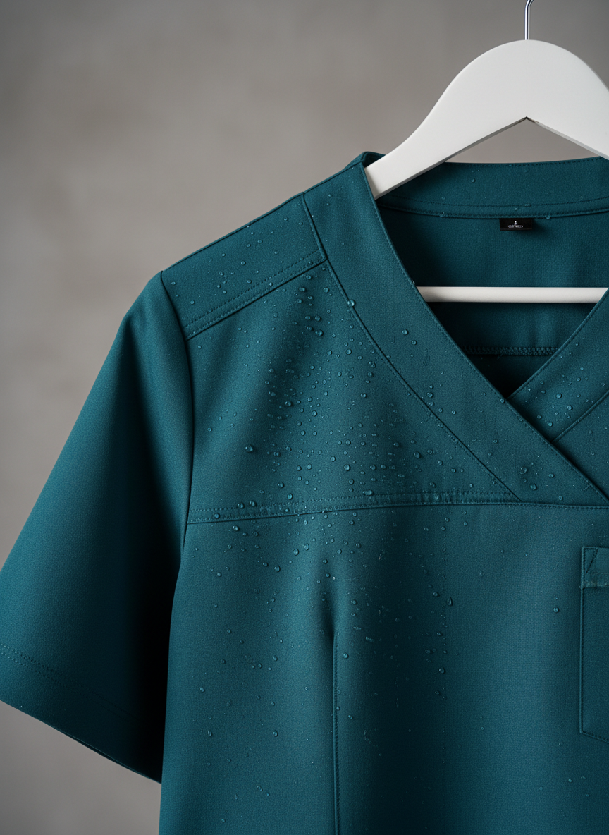 Close-up photographic view of an antifluid rigid fabric uniform top hanging on a matte white hanger against a neutral, softly textured backdrop. Tiny water droplets bead perfectly on the fabric surface, clearly not being absorbed, highlighting the protective material. The fabric is a deep teal with precise, reinforced seams and a discreet, modern chest pocket. Soft, diffused studio lighting from the left creates gentle highlights on the droplets and subtle shadows along the stitching. The mood is technical yet inviting, emphasizing quality and performance. Shot with a shallow depth of field, the front panel and droplets are in crisp focus while the background falls into a smooth bokeh. The style is clean, professional photographic realism ideal for showcasing material innovation.