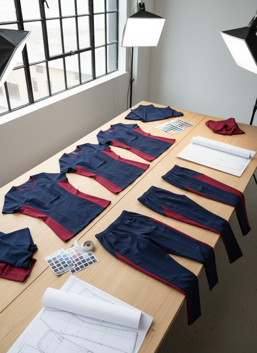 A full coordinated set of stretch licra uniforms laid flat on a wide, light wood worktable in a design studio environment. There are fitted tops with princess seams, tapered pants with elastic waistbands, and color-blocked details in navy, graphite, and wine. Around them lie fabric swatches, color cards, measuring tape, and neatly arranged pattern papers. Large windows to the side let in soft natural daylight, complemented by subtle overhead studio lamps, creating an even, bright illumination with delicate shadows under the garments. Shot from a slightly elevated angle, the composition highlights the ergonomic cuts and flexible textures. The mood is creative and professional, suggesting thoughtful design and modern aesthetics in a realistic photographic style.