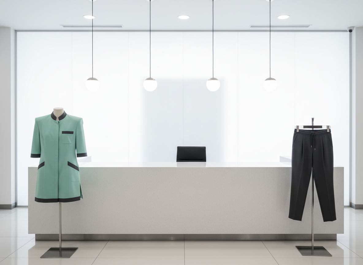 A modern reception-style counter designed for a uniform showroom, featuring prominently displayed sample garments on sleek metal stands. A mint green antifluid rigid tunic with structured shoulders and contrasting dark trim stands beside a charcoal licra jogger-style pant with refined tailoring. The counter surface is white quartz, reflecting soft, diffused pendant lighting from above, while a frosted glass wall in the background glows faintly. No people are present, only the uniforms as the clear protagonists. Captured at eye level with symmetrical framing, the scene feels professional, organized, and welcoming. The photographic realism and clean, contemporary aesthetic suggest a brand focused on high-quality, modern workwear solutions for daily professional use.