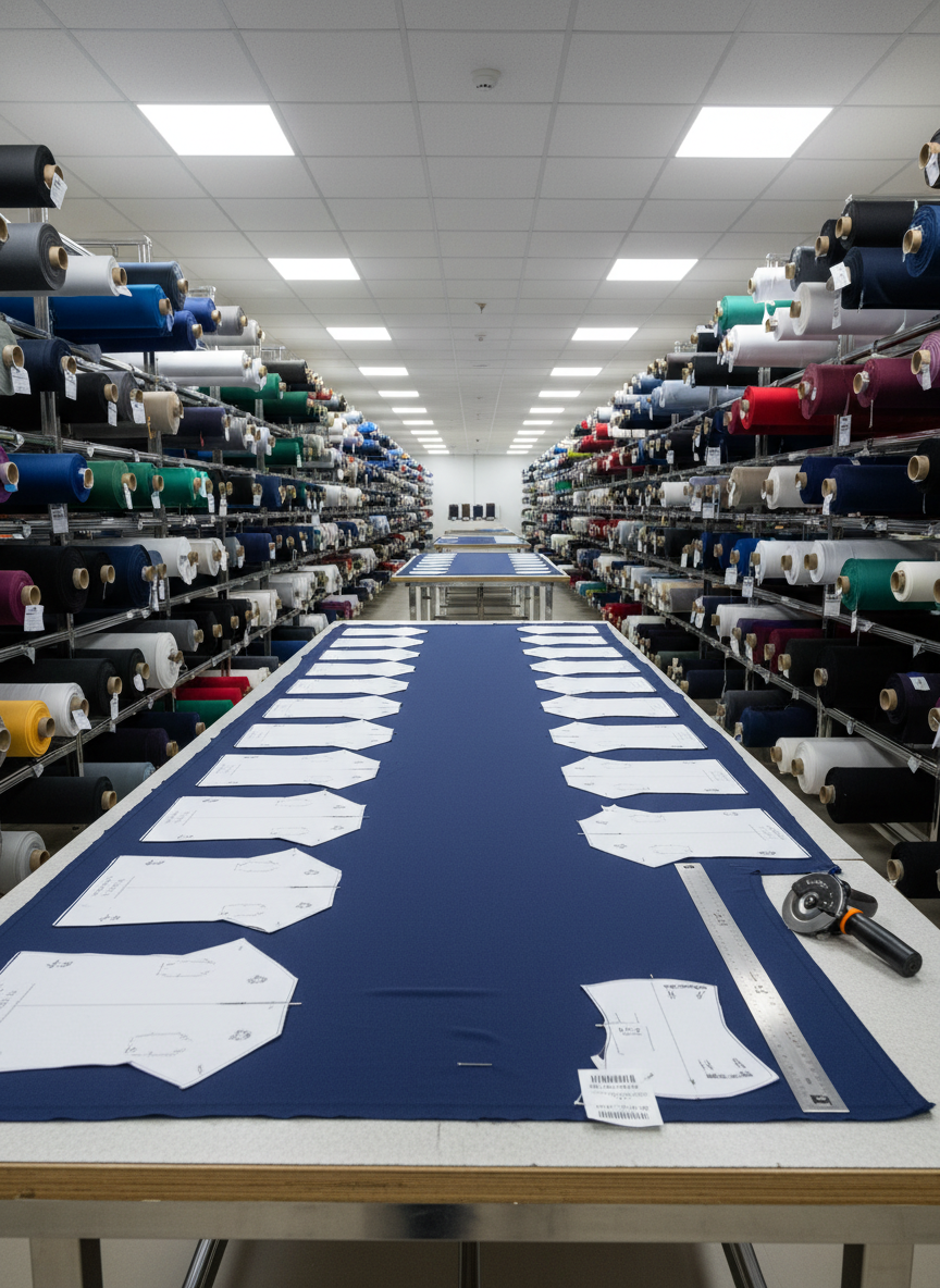 An industrial yet spotless production area where rows of antifluid rigid and licra fabric rolls are organized on metal racks, each roll labeled and color-coded in rich jewel tones and classic neutrals. In the foreground, a large cutting table is covered with a precisely laid navy antifluid fabric, pattern pieces pinned in place, and a sharp rotary cutter beside a stainless-steel ruler. Overhead white LED panels cast bright, uniform light with minimal shadow, emphasizing clarity and precision. The atmosphere is efficient and disciplined, focused on quality manufacturing. Captured with a wide-angle, eye-level composition in photographic realism, the image shows depth along the racks while keeping the cutting table in dominant focus, reflecting a modern, professional uniform factory.
